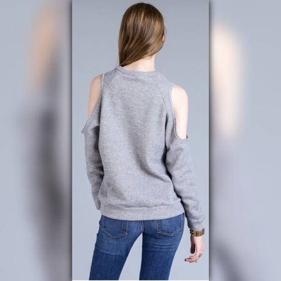 A067-B • Grey Cold Shoulder Crew Neck Pullover Sweater - Picture 3 of 5